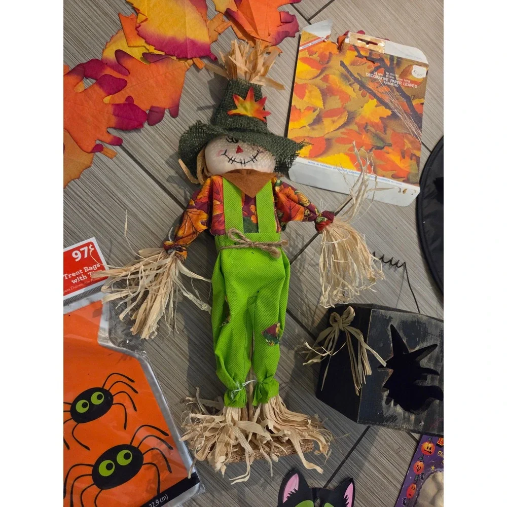Halloween Decor Bundle Scarecrow Witch Hat Treat Bags Glow Skull Craft Leaves